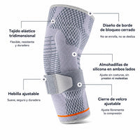 Características de la codera MioBrace: tejido elástico, almohadillas de silicona y cierre de velcro