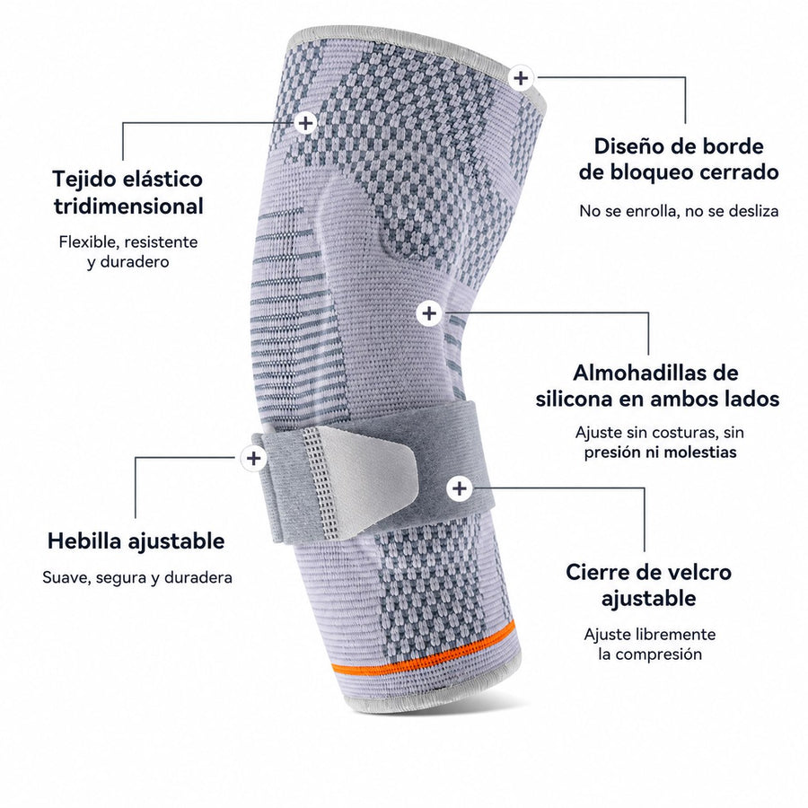 Características de la codera MioBrace: tejido elástico, almohadillas de silicona y cierre de velcro